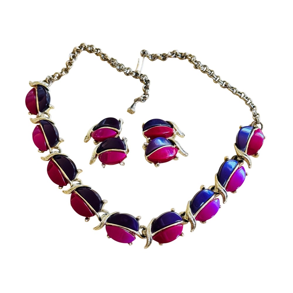 VTG Thermoset Moonglow Earrings Collar Necklace Matching Set Magenta Purple‎ 50s
